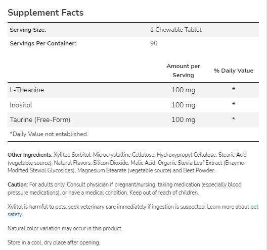 L-teanin 100 mg žvakaći | s inozitolom & Taurin - 90 tableta za žvakanje