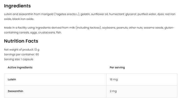 Lutein 18 mg + Zeaksantin 2 mg 60 kapsula