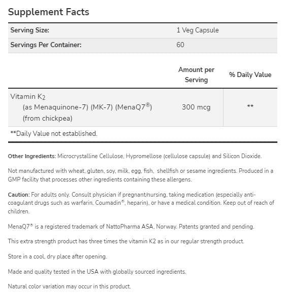 MK-7 Vitamin K-2 300 mcg | Extra Strength MenaQ7® - 60 kapsula