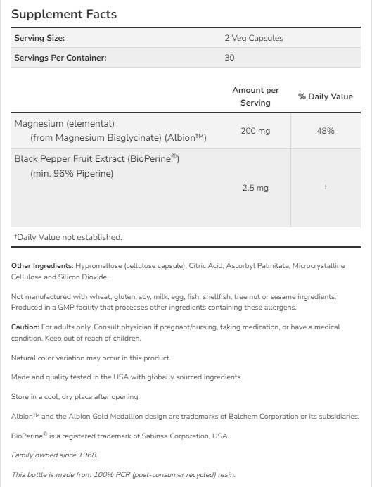 Magnezijev glicinat s BioPerine® - 180 kapsula