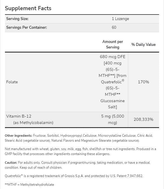 Metil B-12 5000 mcg | s folnom kiselinom Quatrefolic® - 60 sublingvalnih tableta