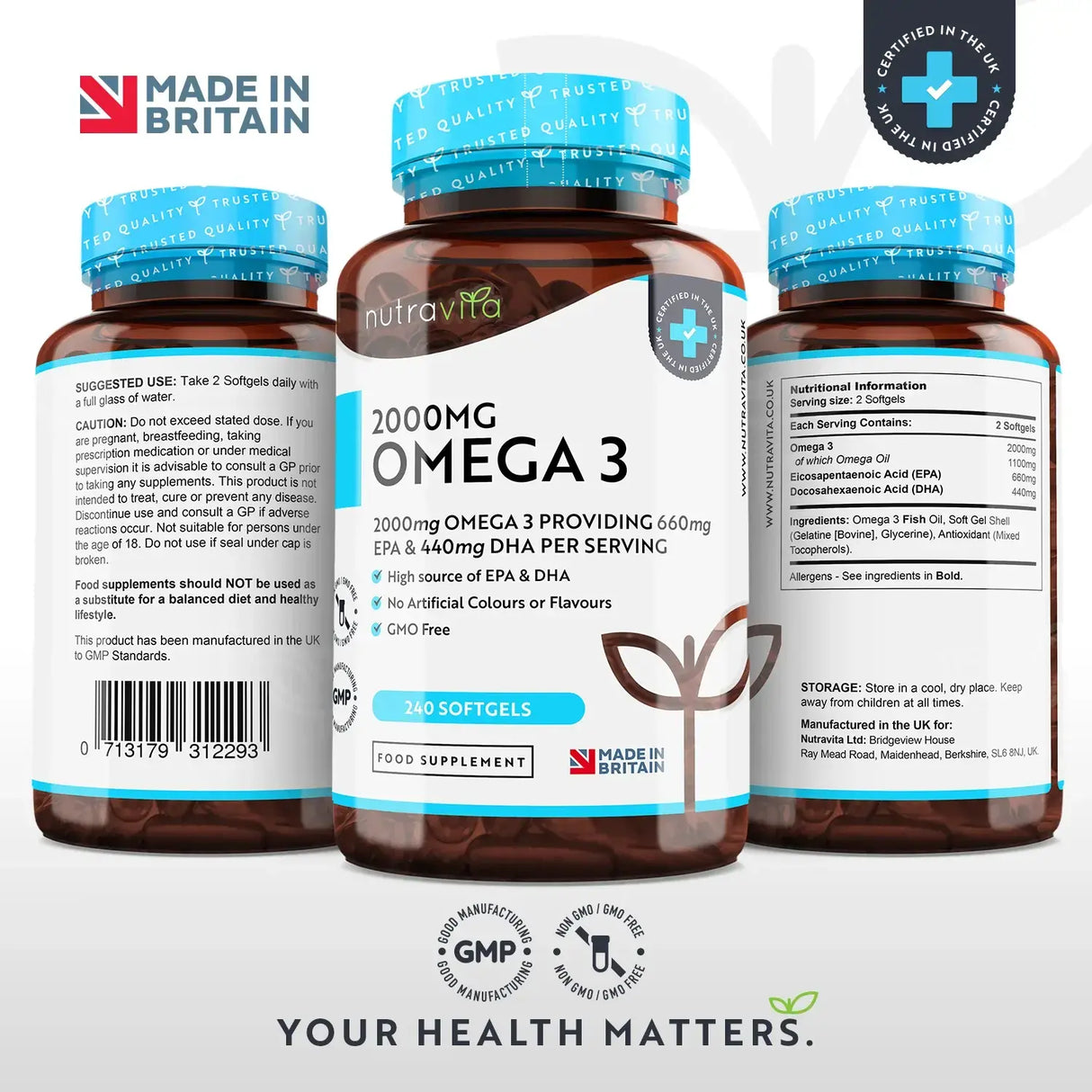 Omega 3 2000 mg /EPA 660 mg, DHA 440 mg/ Čisto riblje ulje /240 kapsula, 120 doza/ <tc>Nutravita</tc>