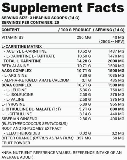 PWO nula kofeina | Puder prije vježbanja bez nadražaja - 280 grama