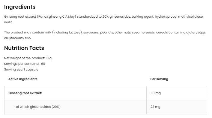 Panax Ginseng 110 mg | Ekstrakt korijena 60 kapsula