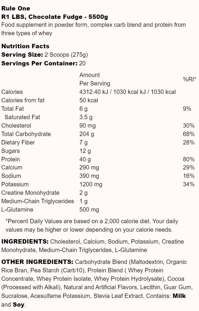 R1 LBS | Visokokalorični Mass Gainer - 5500 grama