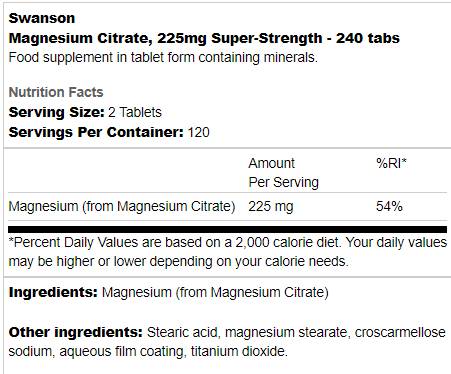 Super-snažni magnezijev citrat 225 mg 240 tableta