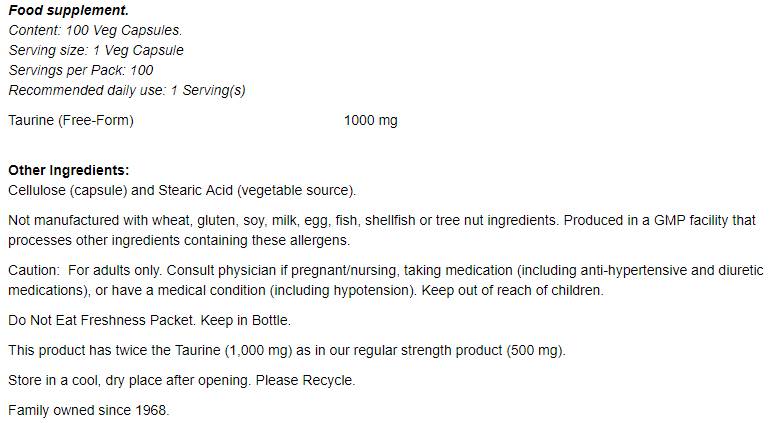 Taurin 1000 mg/Double Strength - 250 kapsula