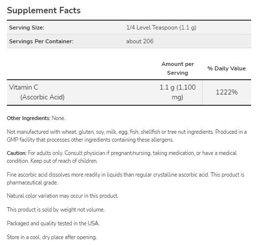 Vitamin C | Askorbinska kiselina - Farmaceutski stupanj - 227 grama