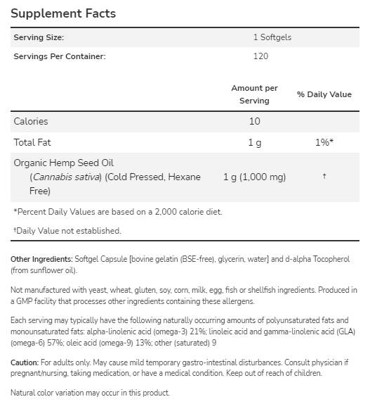 Ulje sjemenki konoplje 1000 mg - 120 Softgels