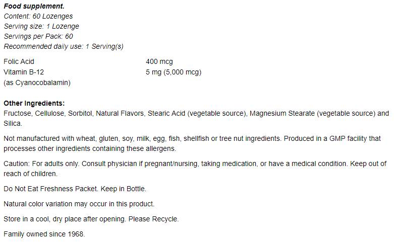 Vitamin B-12 5000 mcg s folnom kiselinom - 60 sublingvalnih tableta