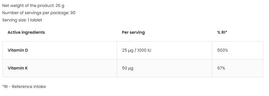Vitamin D3 1000 IU + K2 50 mcg 90 tableta