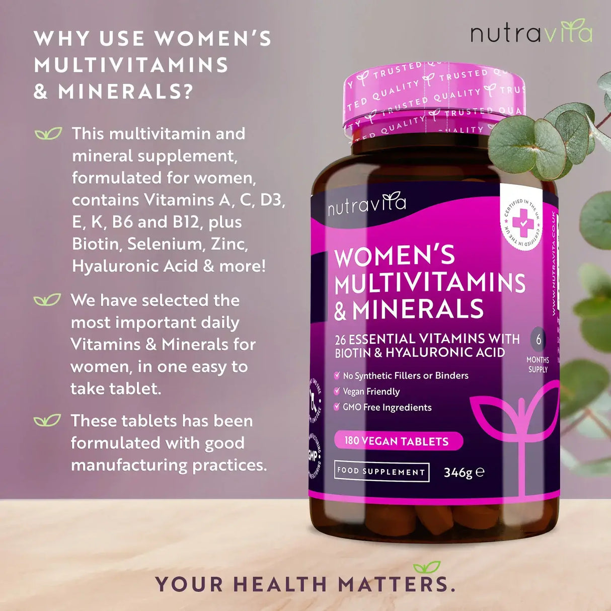 Ženski multivitamini s biotinom i hijaluronskom kiselinom 180 veganskih tableta