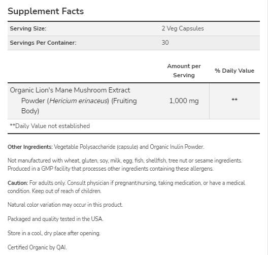 Lion's Mane 500 mg | Napravljene od gljiva organskih lavova - 60 kapsula