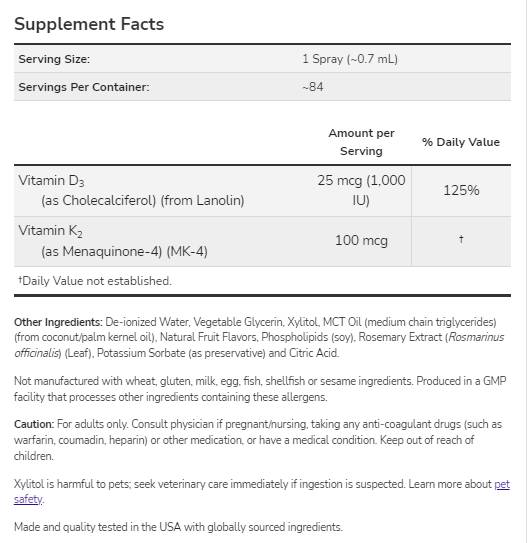 Vitamin D-3 1000 IU & K-2 100 MCG | Liposomski sprej - 59 ml