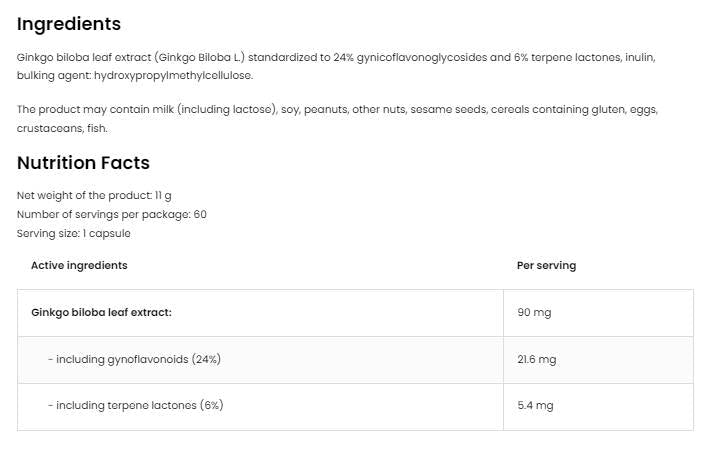 Ginkgo biloba 90 mg / vege - 60 kapsula