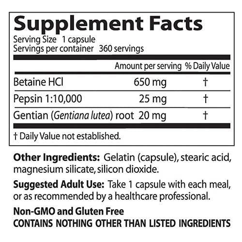 Najbolji betaine HCl 650 mg / s pepsin i gentian grickalicama - 360 kapsula