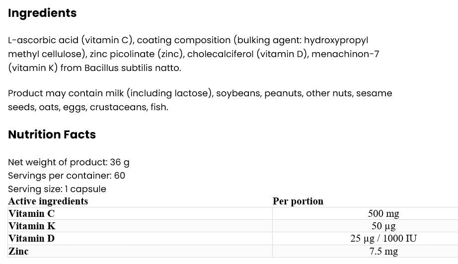 Vitamin D3 2000 + K2 MK-7 / + vitamin C + cink 60 kapsula